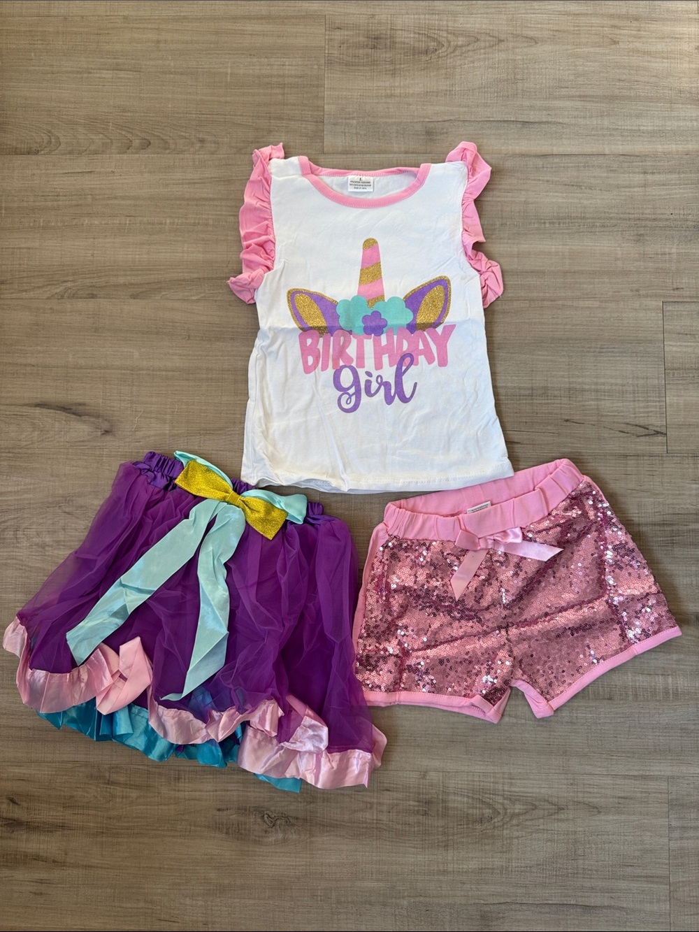 3 Pc Set Birthday Girl Unicorn Top with Purple Tutu & Pink Sequin Shorts Party